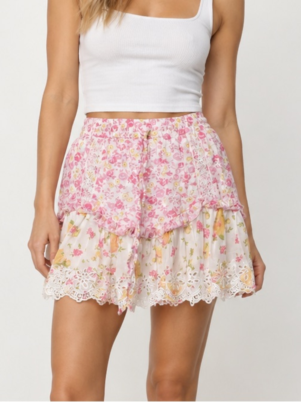 LoveShackFancy Floral Ruffle Mini Skirt